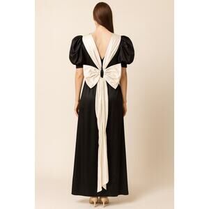 1980s Black Satin Evening Gown with Ivory Statement Bow unbranded small- medium